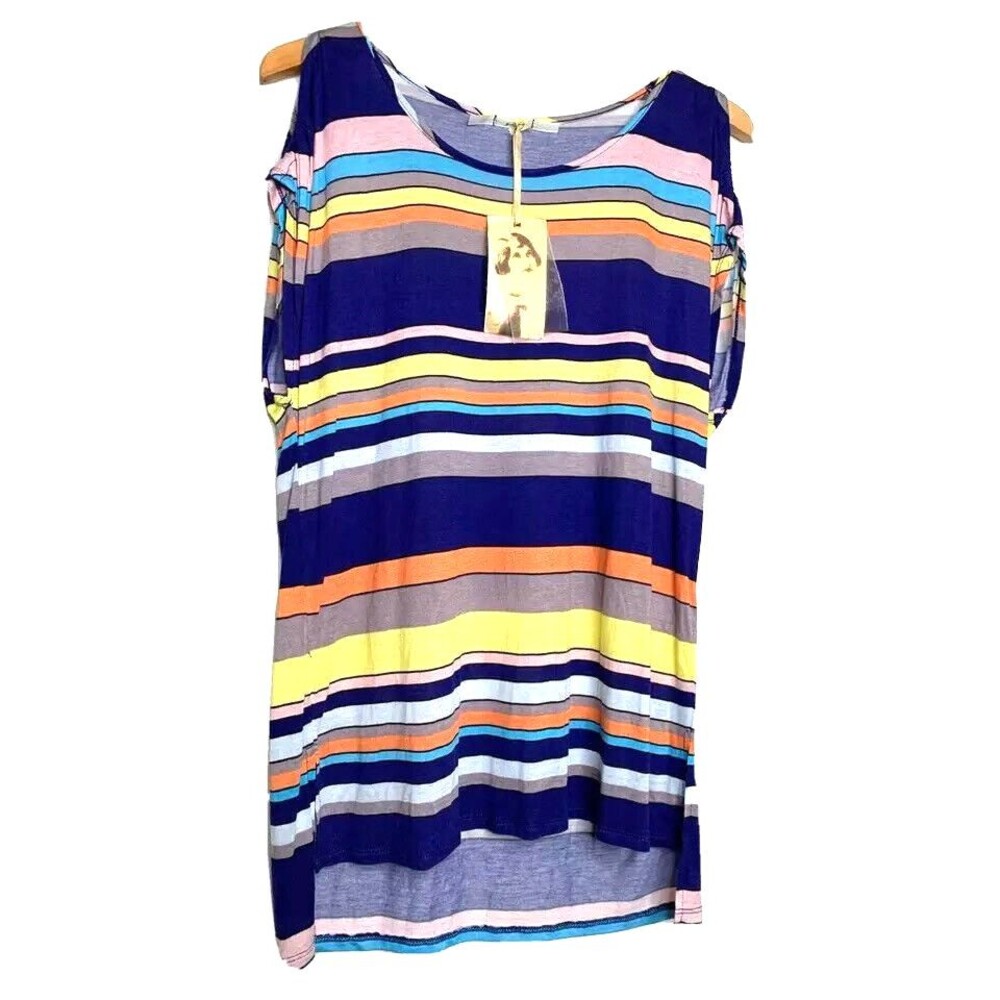 Gibson Womens Tunic Top Blue Yellow Stripe Cold Shoulder High Low Hem Slit L New